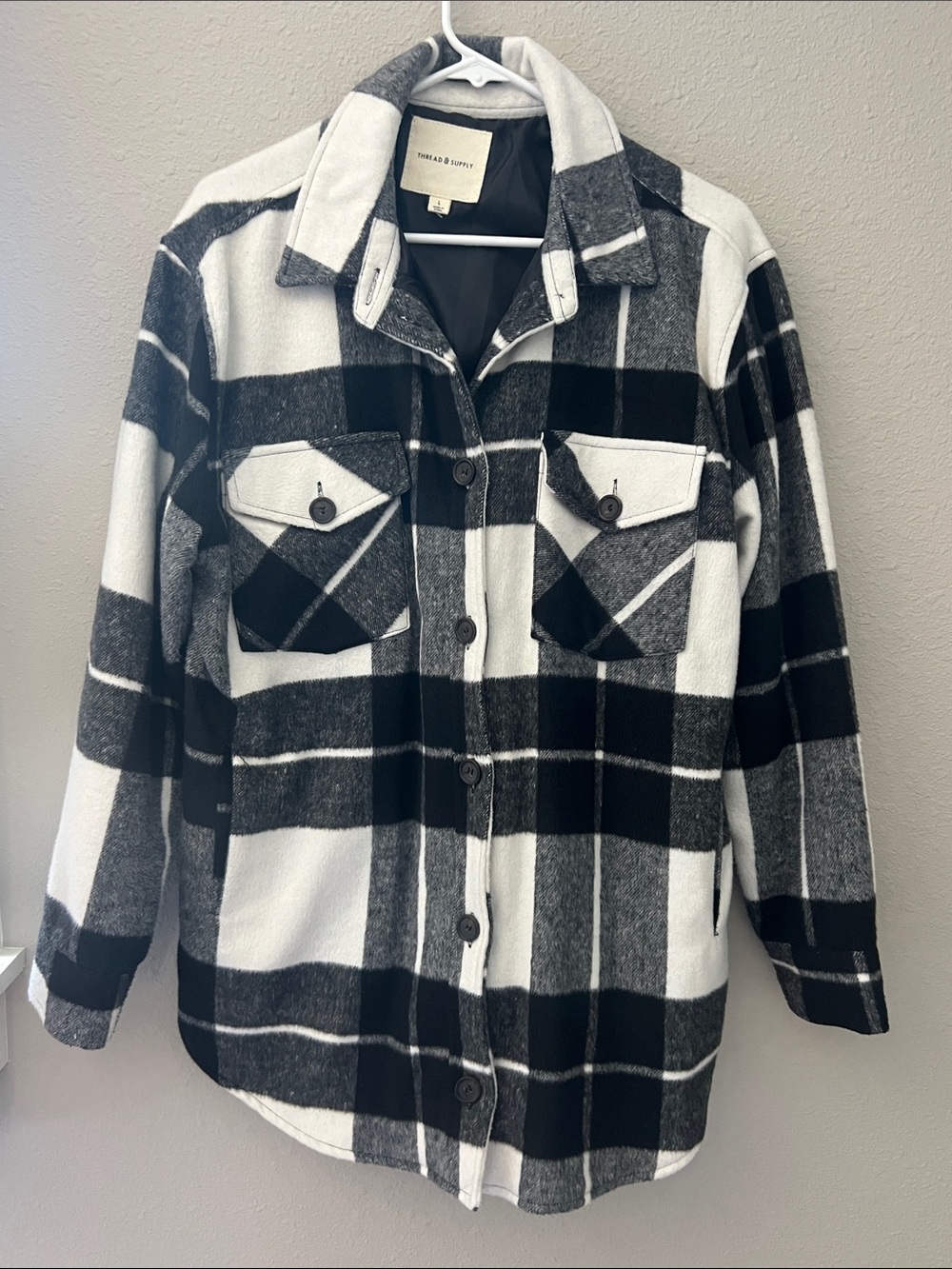 Thread & Supply Black and White lined Plaid Button-Down Shirt Jacket
